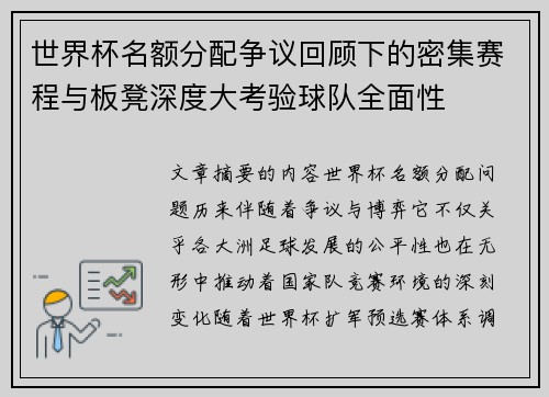 世界杯名额分配争议回顾下的密集赛程与板凳深度大考验球队全面性